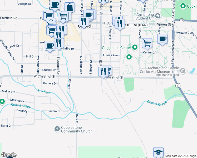map of restaurants, bars, coffee shops, grocery stores, and more near 821 South Main Street in Oxford