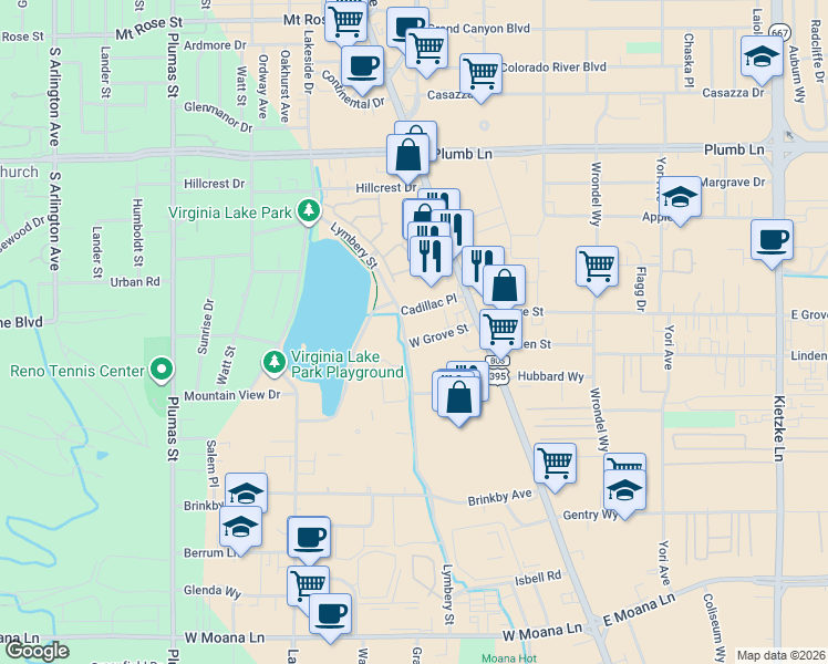 map of restaurants, bars, coffee shops, grocery stores, and more near 185 Cadillac Place in Reno