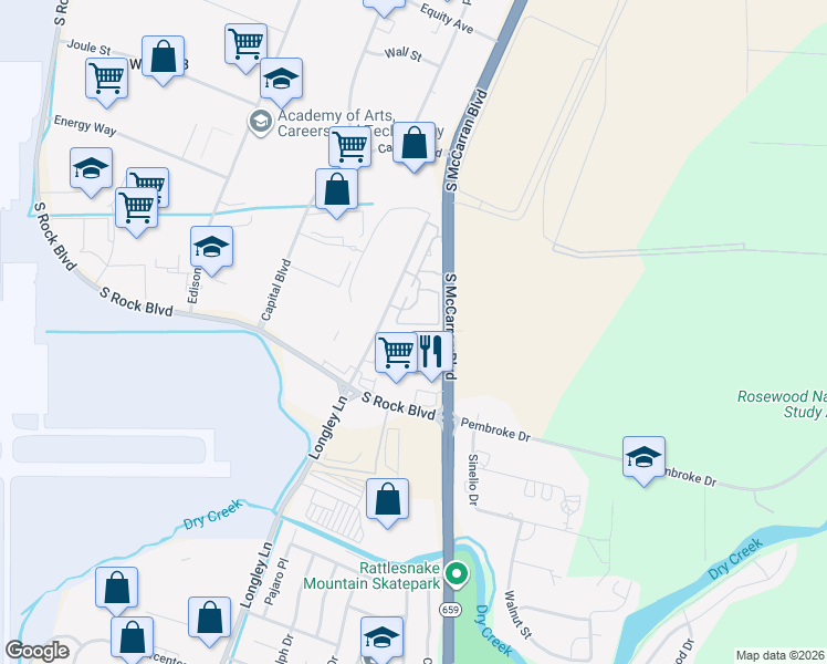 map of restaurants, bars, coffee shops, grocery stores, and more near 2050 Longley Lane in Reno