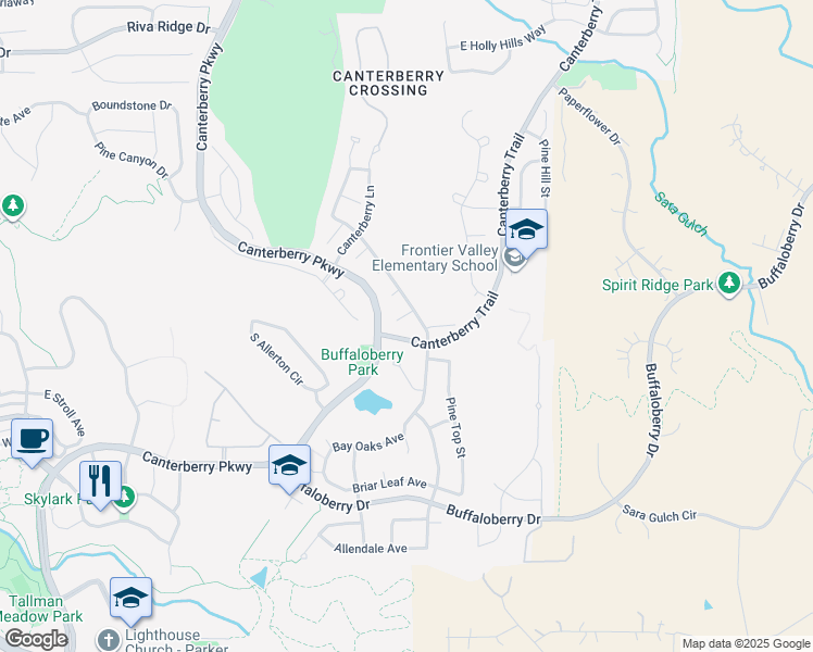 map of restaurants, bars, coffee shops, grocery stores, and more near 23285 Chapel Hill Lane in Parker