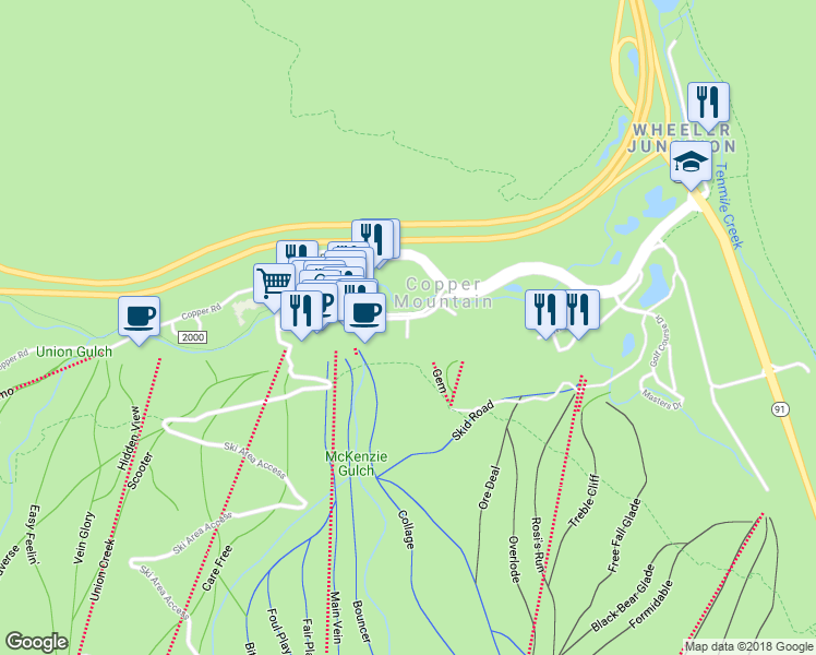map of restaurants, bars, coffee shops, grocery stores, and more near Guller Road in Copper Mountain
