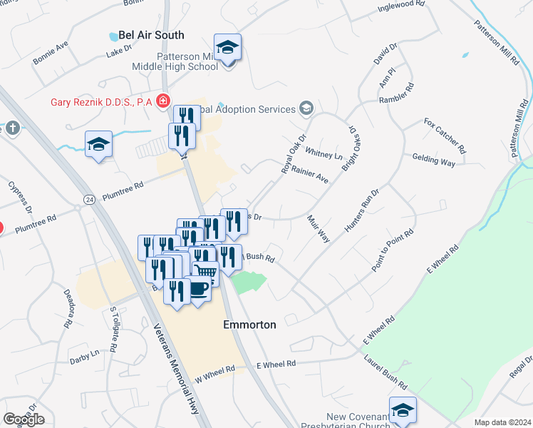 map of restaurants, bars, coffee shops, grocery stores, and more near 104 Bright Oaks Drive in Bel Air