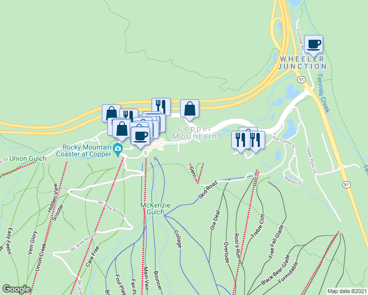 map of restaurants, bars, coffee shops, grocery stores, and more near in Copper Mountain