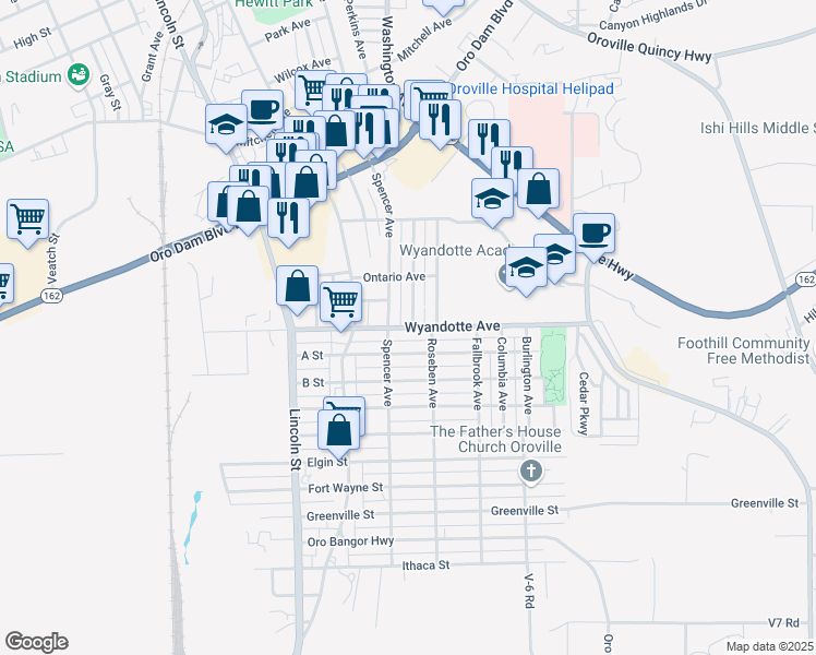 map of restaurants, bars, coffee shops, grocery stores, and more near 2800 Wyandotte Avenue in Oroville