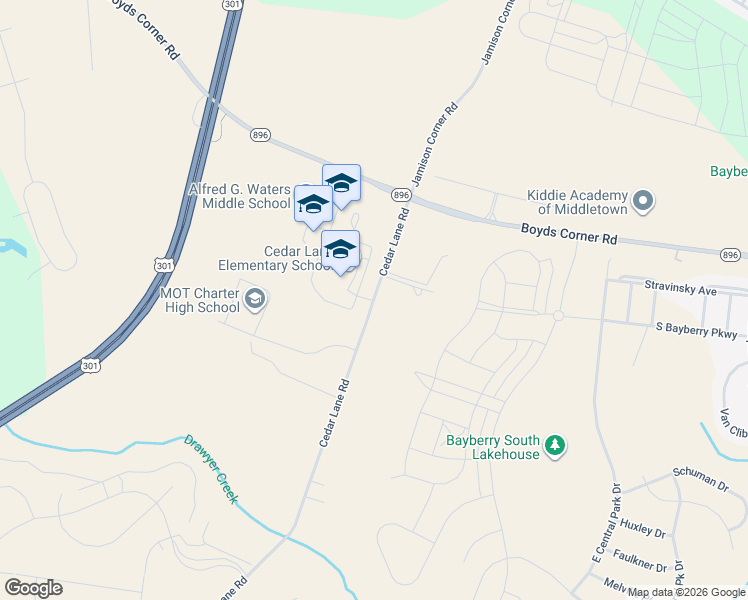 map of restaurants, bars, coffee shops, grocery stores, and more near 1259 Cedar Lane Road in Middletown