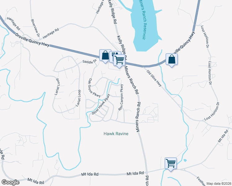 map of restaurants, bars, coffee shops, grocery stores, and more near 323 Ridgecrest Parkway in Oroville