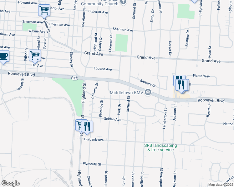 map of restaurants, bars, coffee shops, grocery stores, and more near 1300 Park Drive in Middletown