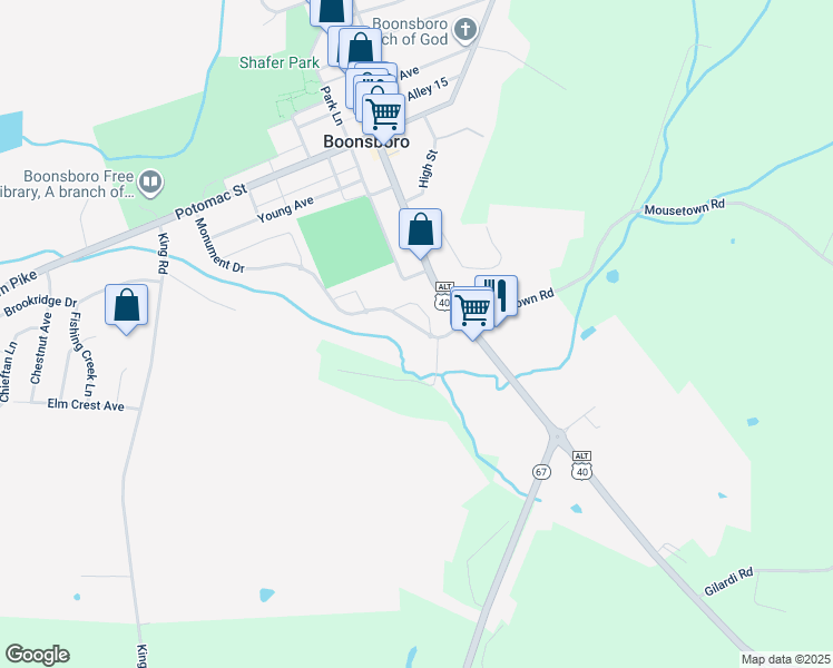 map of restaurants, bars, coffee shops, grocery stores, and more near 316 Monument Drive in Boonsboro