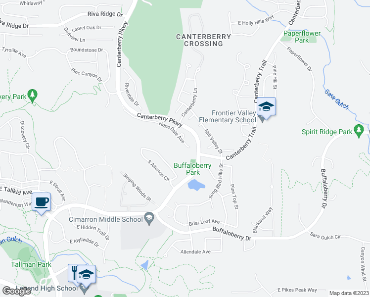 map of restaurants, bars, coffee shops, grocery stores, and more near 23060 Hope Dale Avenue in Parker