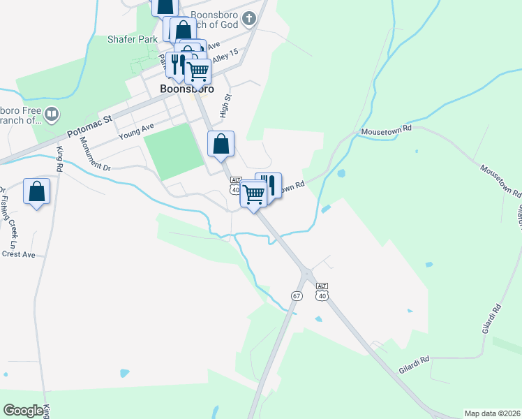 map of restaurants, bars, coffee shops, grocery stores, and more near 309 South Main Street in Boonsboro