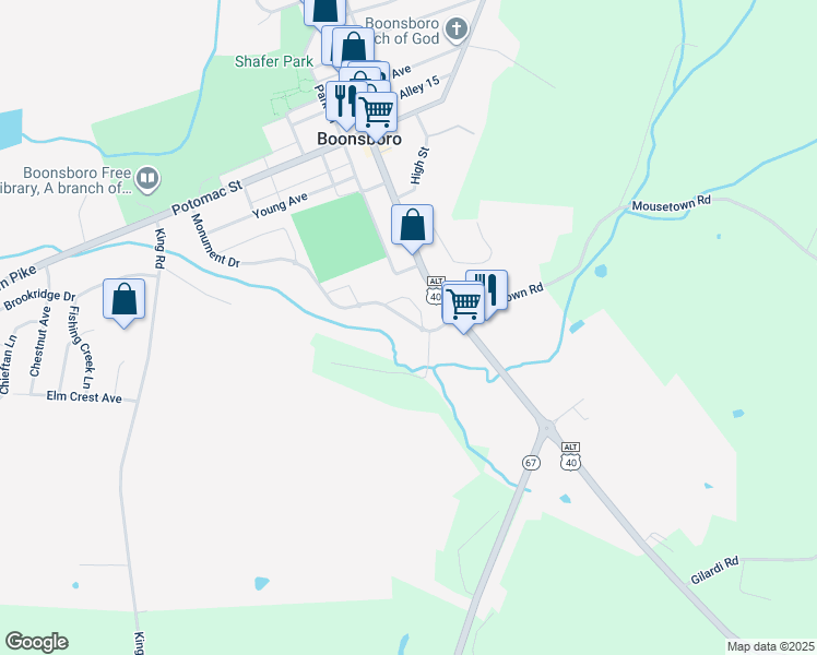 map of restaurants, bars, coffee shops, grocery stores, and more near 316 Monument Drive in Boonsboro