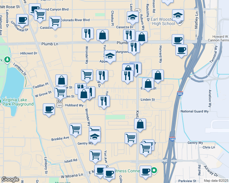 map of restaurants, bars, coffee shops, grocery stores, and more near in Reno