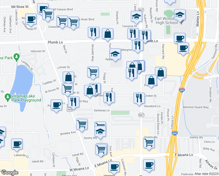 map of restaurants, bars, coffee shops, grocery stores, and more near in Reno