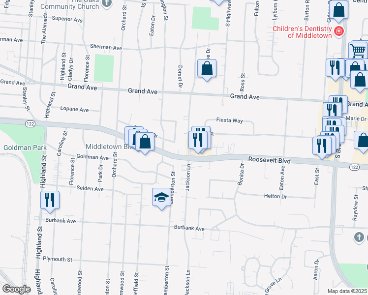 map of restaurants, bars, coffee shops, grocery stores, and more near 1012 Jackson Lane in Middletown