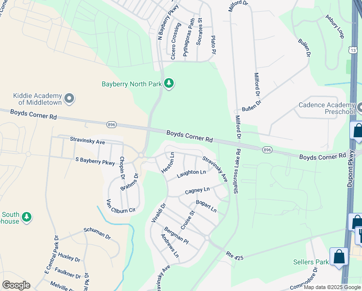 map of restaurants, bars, coffee shops, grocery stores, and more near 6017 Connery Place in Middletown