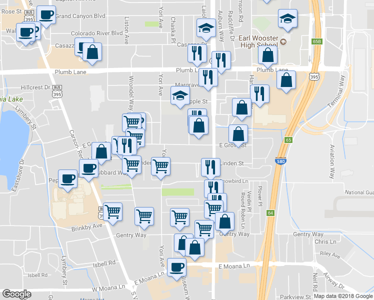 map of restaurants, bars, coffee shops, grocery stores, and more near 453 East Grove Street in Reno