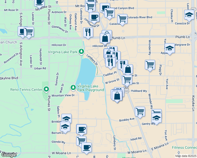 map of restaurants, bars, coffee shops, grocery stores, and more near 2454 Eastshore Drive in Reno