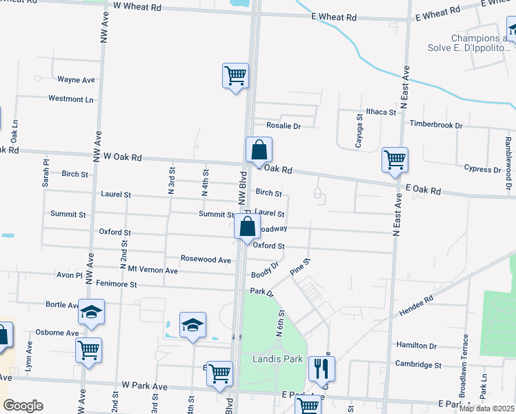 map of restaurants, bars, coffee shops, grocery stores, and more near 503 Birch Street in Vineland