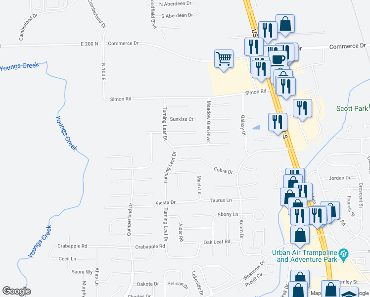 map of restaurants, bars, coffee shops, grocery stores, and more near 1151 Spring Meadow Court in Franklin