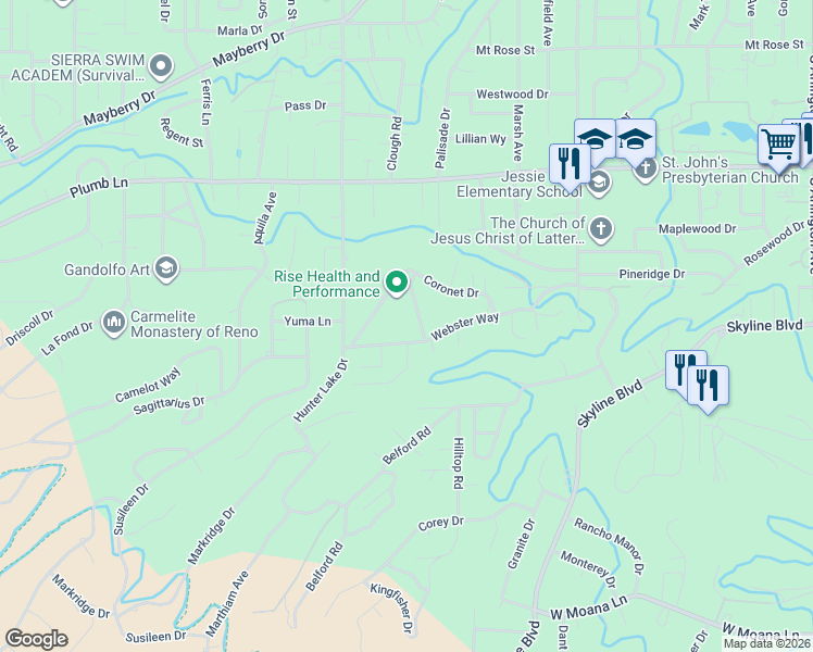 map of restaurants, bars, coffee shops, grocery stores, and more near 2125 Barnes Boulevard in Reno