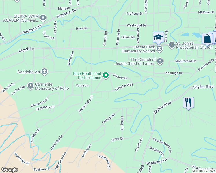map of restaurants, bars, coffee shops, grocery stores, and more near 2125 Barnes Boulevard in Reno
