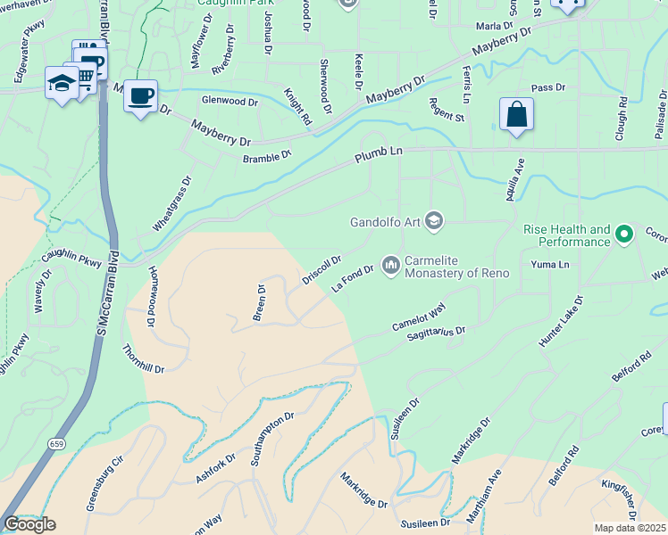 map of restaurants, bars, coffee shops, grocery stores, and more near 2030 Driscoll Drive in Reno
