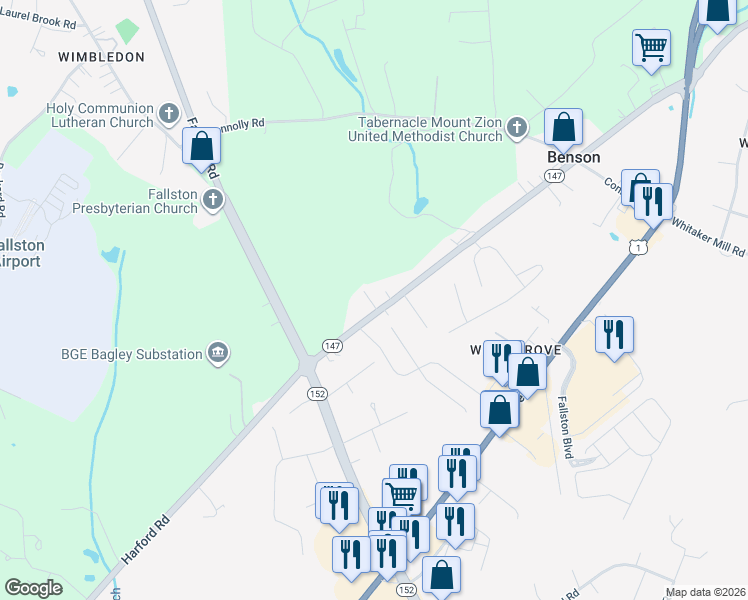 map of restaurants, bars, coffee shops, grocery stores, and more near 2206 Harford Road in Fallston