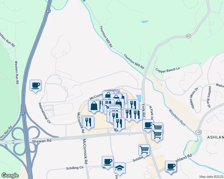 map of restaurants, bars, coffee shops, grocery stores, and more near 11565 McCormick Rd in Cockeysville
