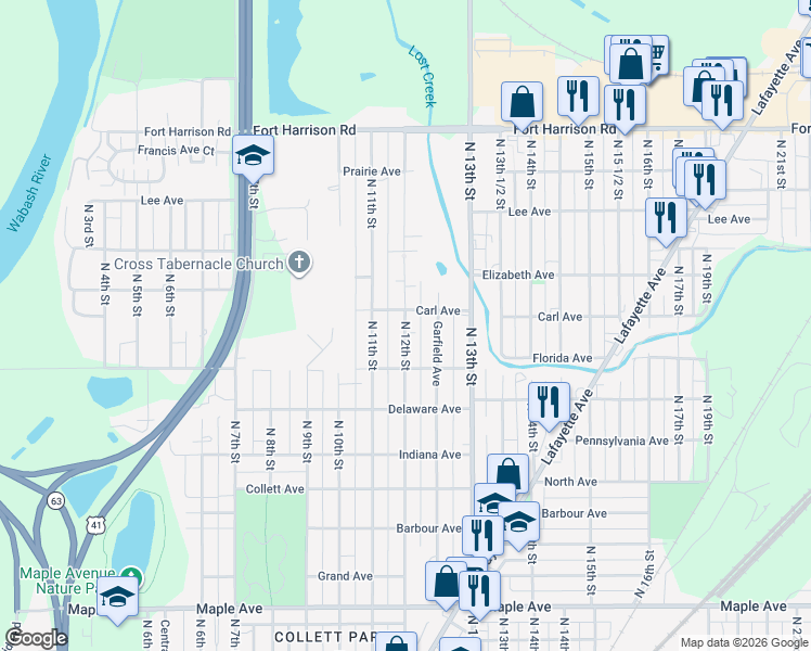 map of restaurants, bars, coffee shops, grocery stores, and more near 2701-2899 North 12th Street in Terre Haute