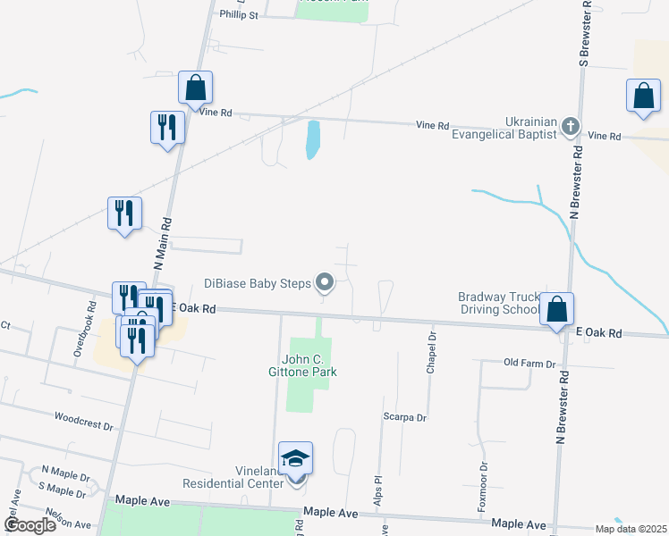 map of restaurants, bars, coffee shops, grocery stores, and more near 2076 East Oak Road in Vineland