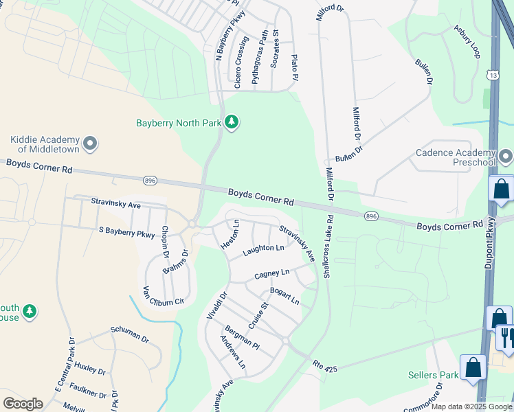 map of restaurants, bars, coffee shops, grocery stores, and more near 6017 Connery Place in Middletown
