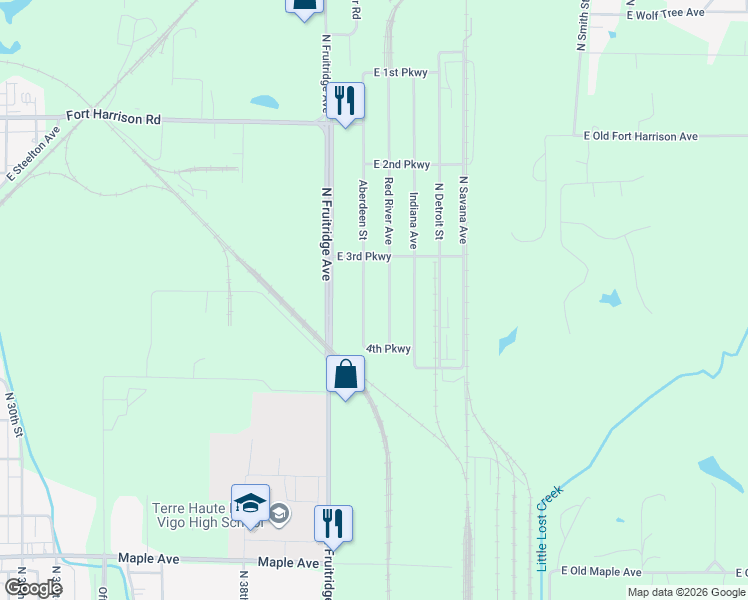 map of restaurants, bars, coffee shops, grocery stores, and more near 1300-1358 Aberdeen Street in Terre Haute