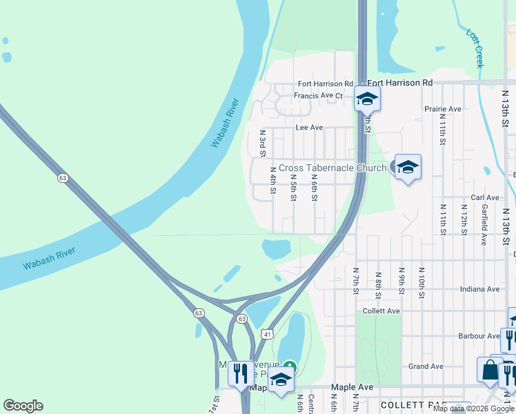 map of restaurants, bars, coffee shops, grocery stores, and more near 34 White Oak Lane in Terre Haute