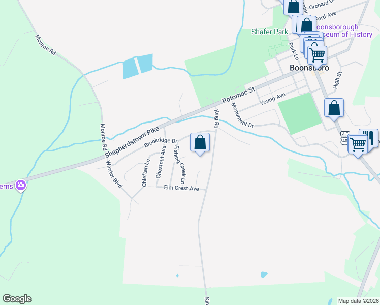 map of restaurants, bars, coffee shops, grocery stores, and more near 1 Redfern Place in Boonsboro