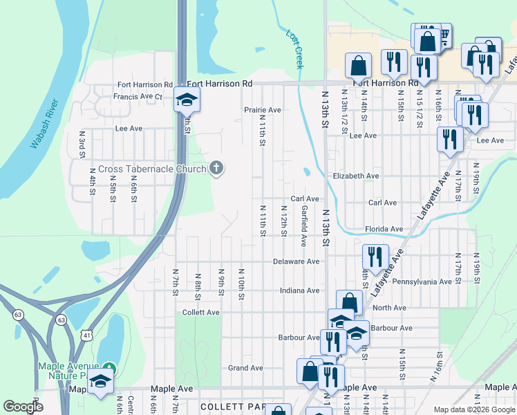 map of restaurants, bars, coffee shops, grocery stores, and more near 2832 North 11th Street in Terre Haute