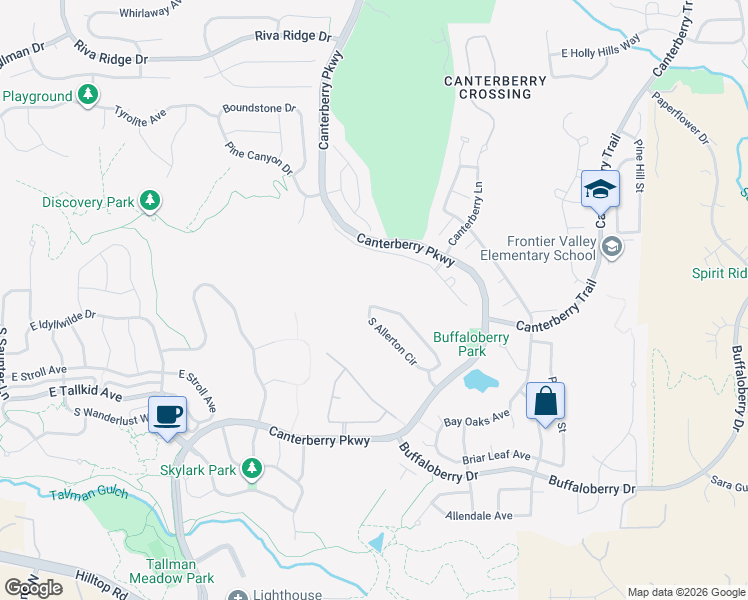 map of restaurants, bars, coffee shops, grocery stores, and more near 11991 South Allerton Circle in Parker
