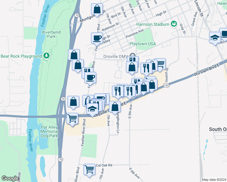 map of restaurants, bars, coffee shops, grocery stores, and more near 139 Cottonwood Circle in Oroville