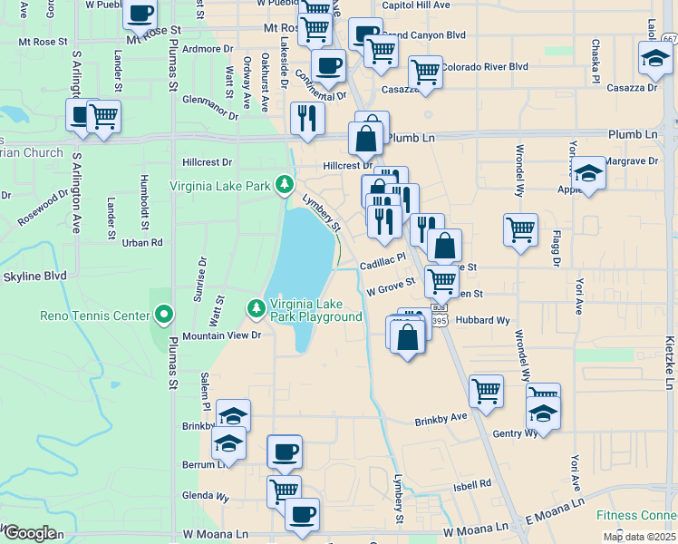 map of restaurants, bars, coffee shops, grocery stores, and more near 2490 Eastshore Place in Reno