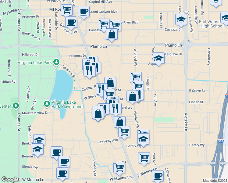 map of restaurants, bars, coffee shops, grocery stores, and more near 108 East Grove Street in Reno