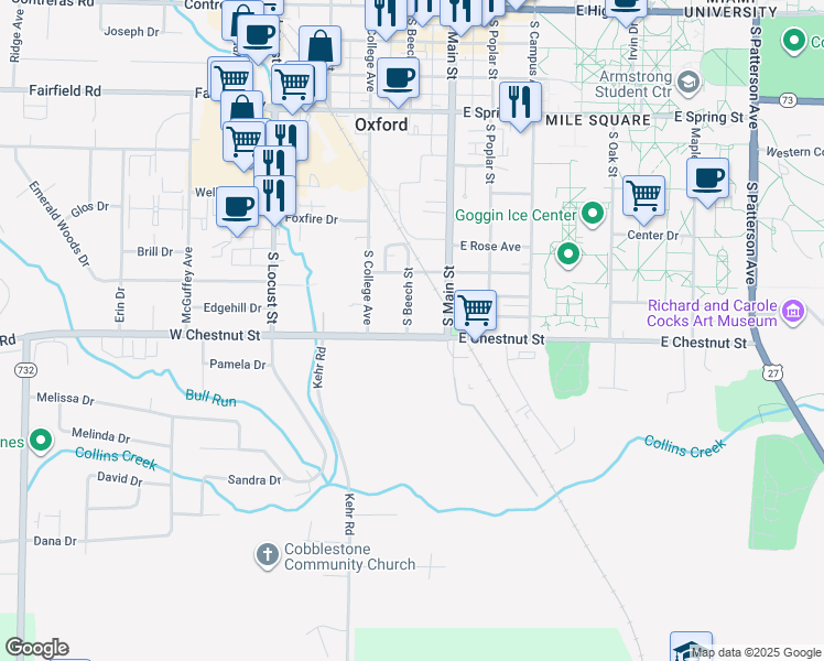 map of restaurants, bars, coffee shops, grocery stores, and more near 12 West Chestnut Street in Oxford