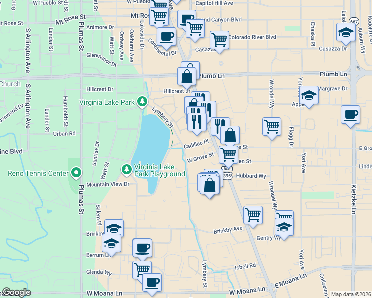 map of restaurants, bars, coffee shops, grocery stores, and more near 185 Cadillac Place in Reno