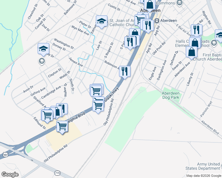 map of restaurants, bars, coffee shops, grocery stores, and more near 614 South Philadelphia Boulevard in Aberdeen