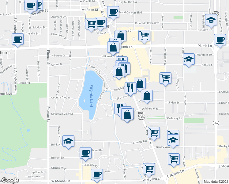 map of restaurants, bars, coffee shops, grocery stores, and more near 185 Cadillac Place in Reno