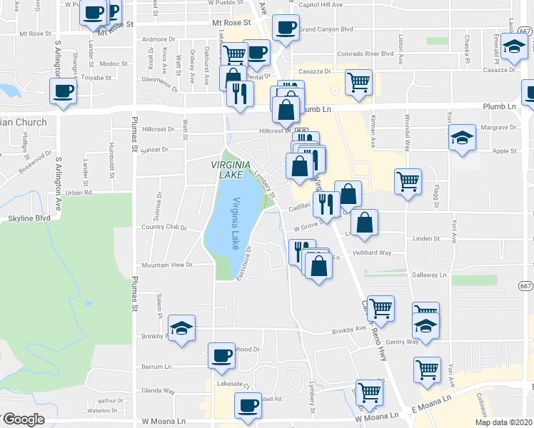 map of restaurants, bars, coffee shops, grocery stores, and more near 2454 Eastshore Drive in Reno