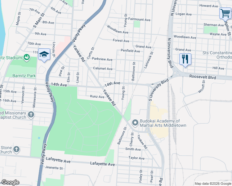 map of restaurants, bars, coffee shops, grocery stores, and more near 1328 Grove Street in Middletown