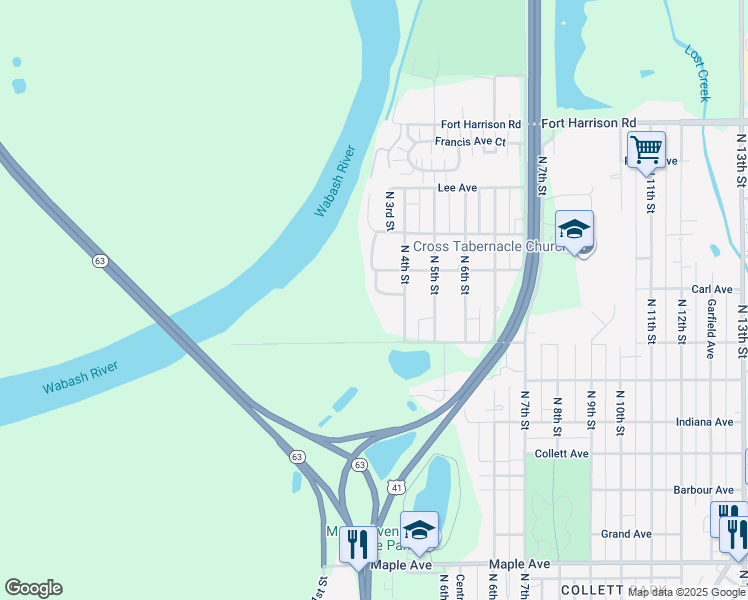 map of restaurants, bars, coffee shops, grocery stores, and more near 34 White Oak Lane in Terre Haute