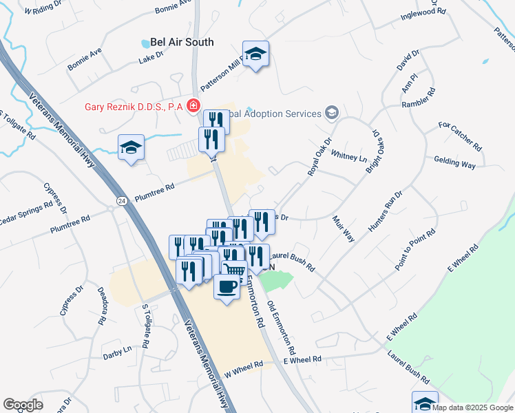 map of restaurants, bars, coffee shops, grocery stores, and more near 1 Wye Oak Drive in Bel Air