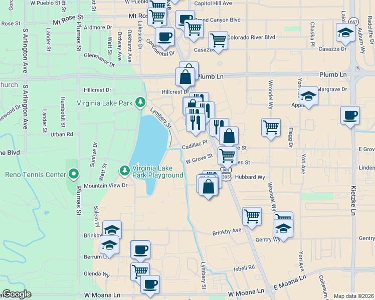 map of restaurants, bars, coffee shops, grocery stores, and more near 185 Cadillac Place in Reno