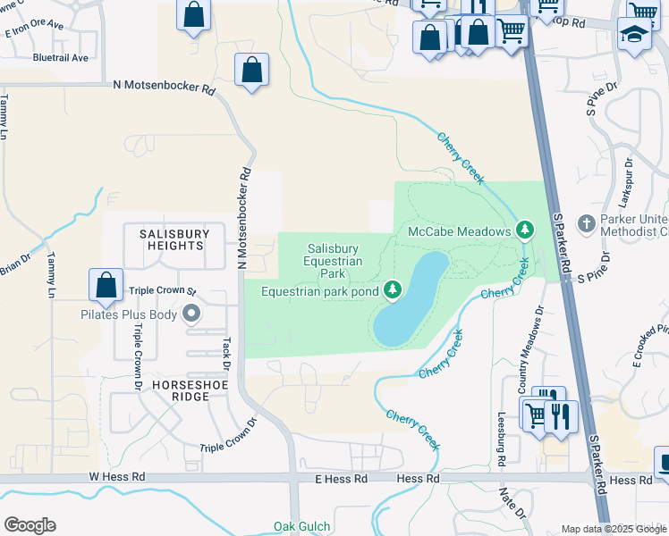 map of restaurants, bars, coffee shops, grocery stores, and more near 9500 North Motsenbocker Road in Parker