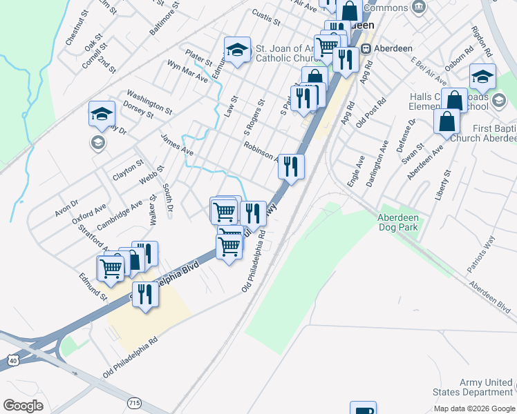 map of restaurants, bars, coffee shops, grocery stores, and more near 614 South Philadelphia Boulevard in Aberdeen